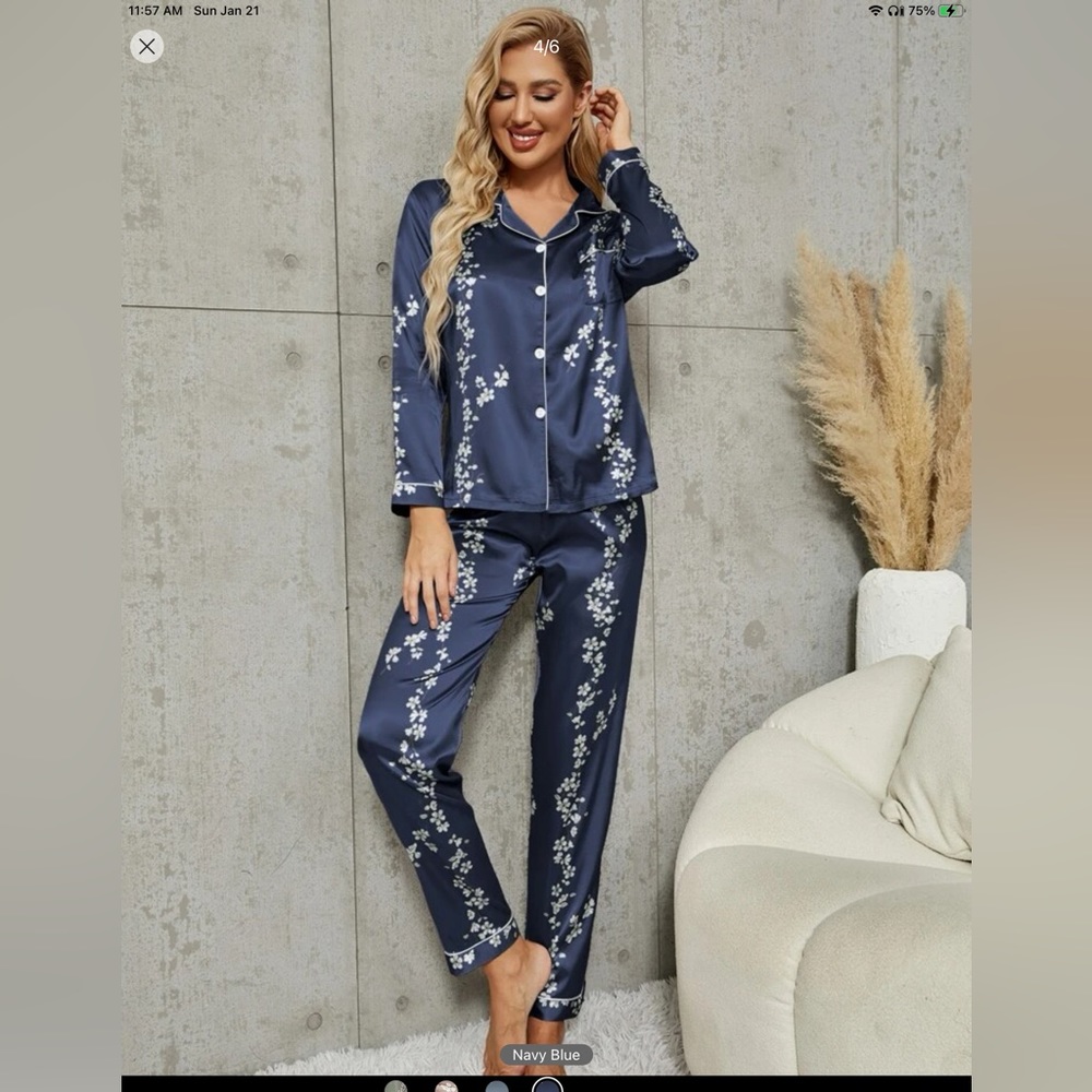 SHEIN Floral Print Contrast Piping Satin Blouse & Pants PJ Set